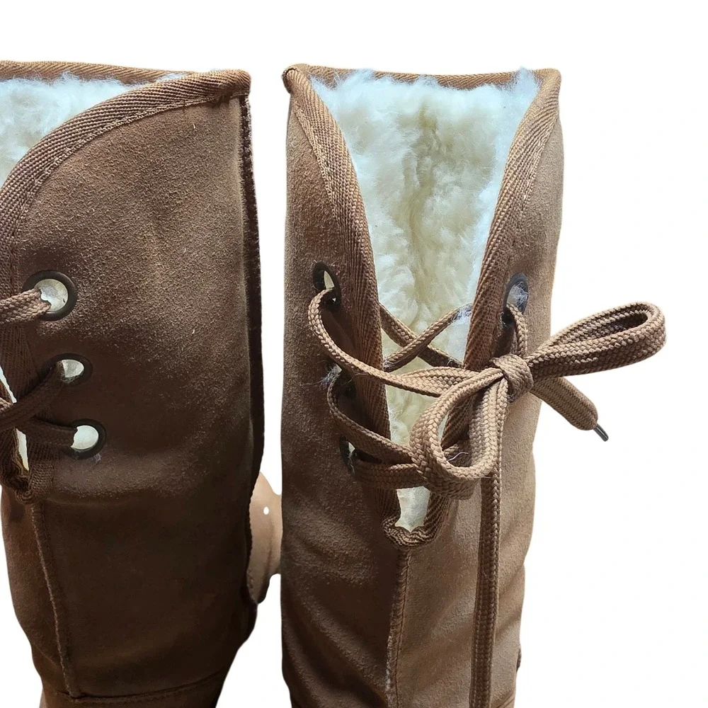 Ukala Sydney Women 8 Tall Suede Sheepskin Boot Tan Lace Up Back Merino Wool